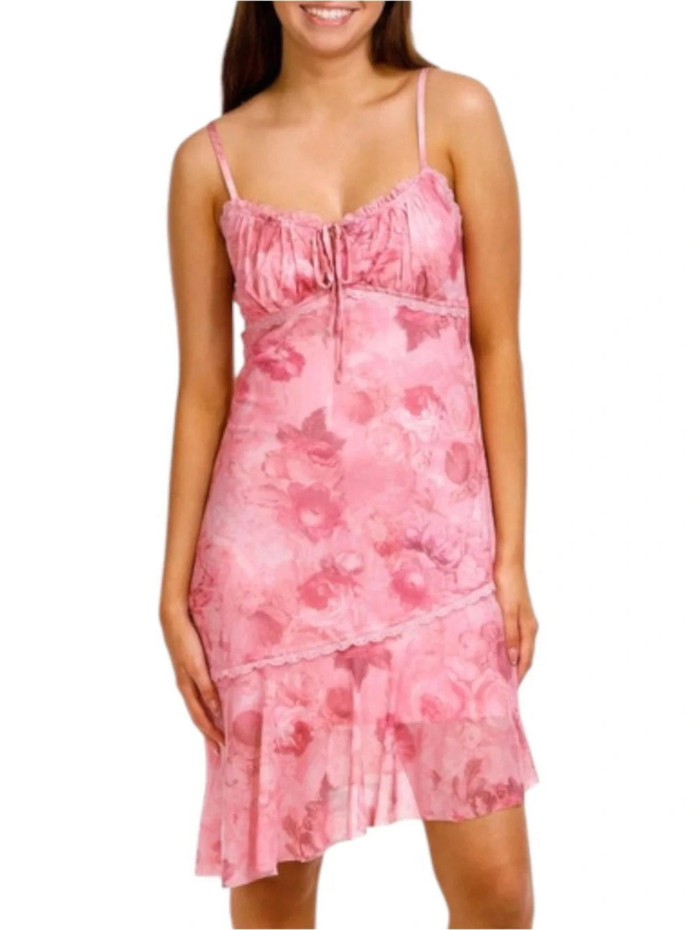 madden girl sleeveless pink floral mesh ruched asymmetrical dress